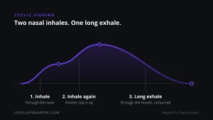 Diagram of the cyclic sighing pattern: two nasal inhales followed by one long exhale through the mouth.