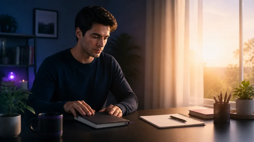 An adult learner closes an evening study notebook before returning to test the material the next morning