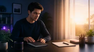 An adult learner closes an evening study notebook before returning to test the material the next morning