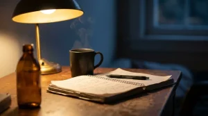 A study desk at night with an open notebook, a mug of coffee and a single supplement bottle pushed to the edge of the lamplight.