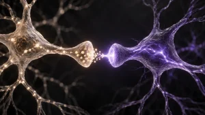 Two glowing neuron-like forms exchange signals across a synaptic gap as a violet pathway brightens.