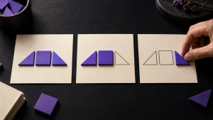 Three paper panels show progressively fewer completed purple tiles, while a hand fills an empty space.