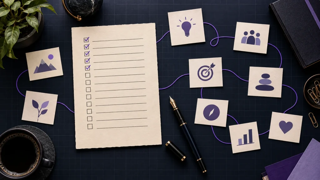 A dark editorial desk with a checked learning-skills list and connected idea cards.