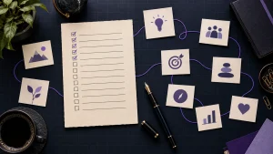 A dark editorial desk with a checked learning-skills list and connected idea cards.