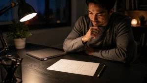 An adult learner faces a blank quiz card before opening the lesson that will reveal the answer