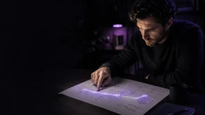An adult learner traces the reasoning in a worked example while missing connections become visible