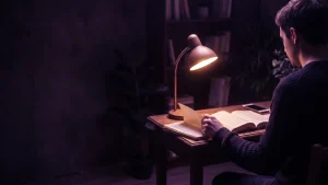 A person reads at a lamp-lit desk in a dark, violet-toned room, turning the page of an open book.